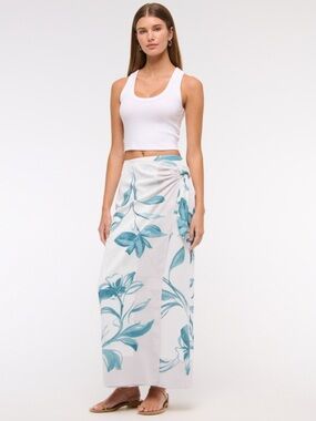 Abercrombie & Fitch White Maxi Skirt with Teal Botanical Print